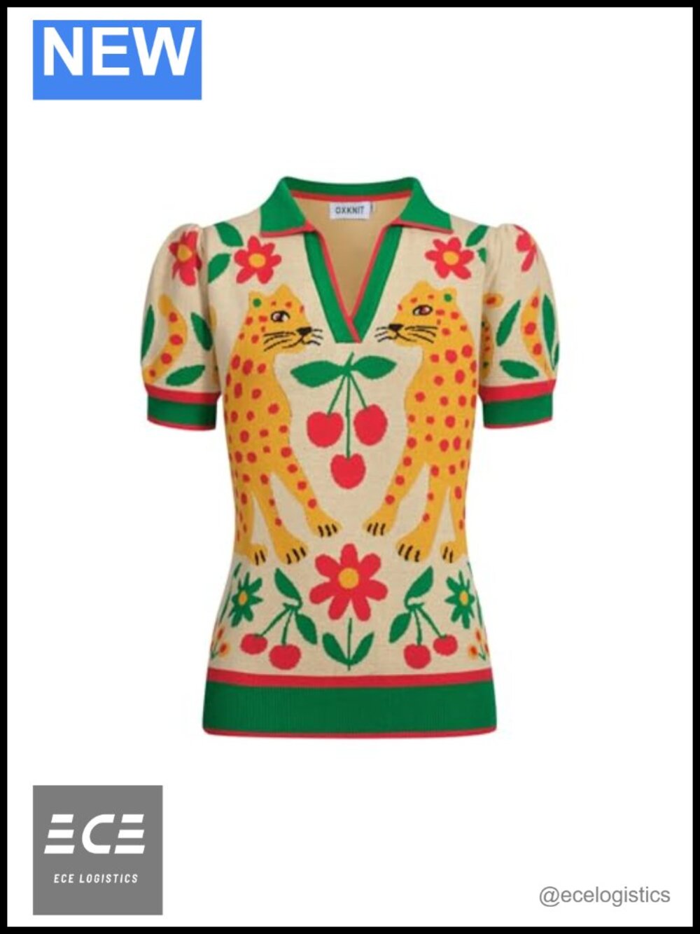 Women's Knitted Polo Shirt Short Sleeve Retro Leopard Pattern Cotton V-Neck